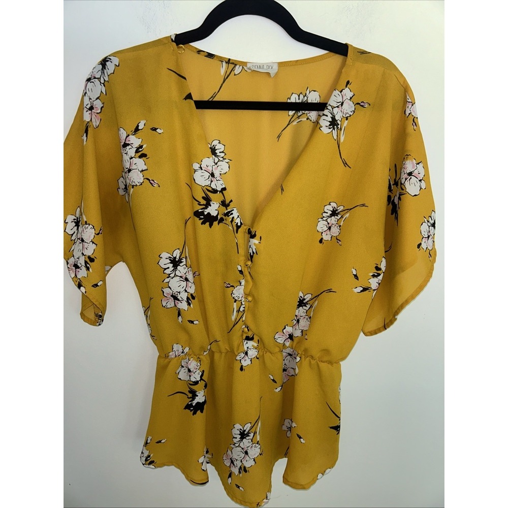 Sienna Sky, Women L, Mustard‎ Yellow Sheer Short Sleeve Polyester Blouse/Top